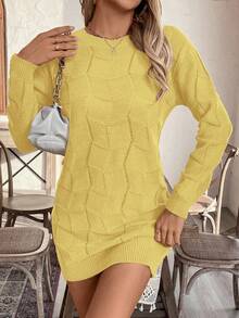 EMERY ROSE Women's Loose Casual Round Neck Drop Shoulder Long Sleeve Knitted Sweater Dress, Autumn/Winter - Yellow - View 4