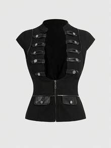 ROMWE Grunge Punk Punk Style Metal Buckle Deep V-Neck Fitted Women Shirt - Black - View 1