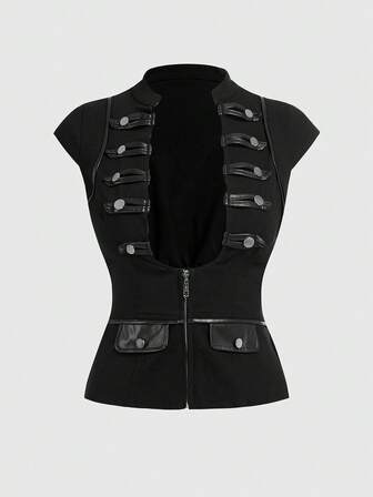 Grunge Punk Chemise ajustée pour femmes au style punk avec boucle métallique et col en V profond