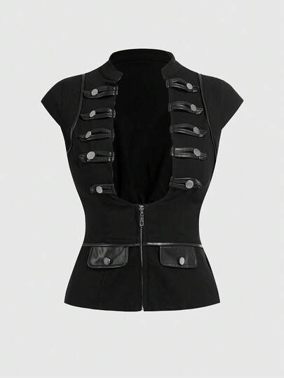 Grunge Punk Punk-Stil Metallschnallen Tief-V-Ausschnitt Figurbetontes Damen Hemd