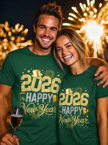 Manfinity Homme 1件男士休闲、日常、通勤、聚会、节日2026新年图案短袖T恤，男女通用 - 墨綠色 - 查看 1