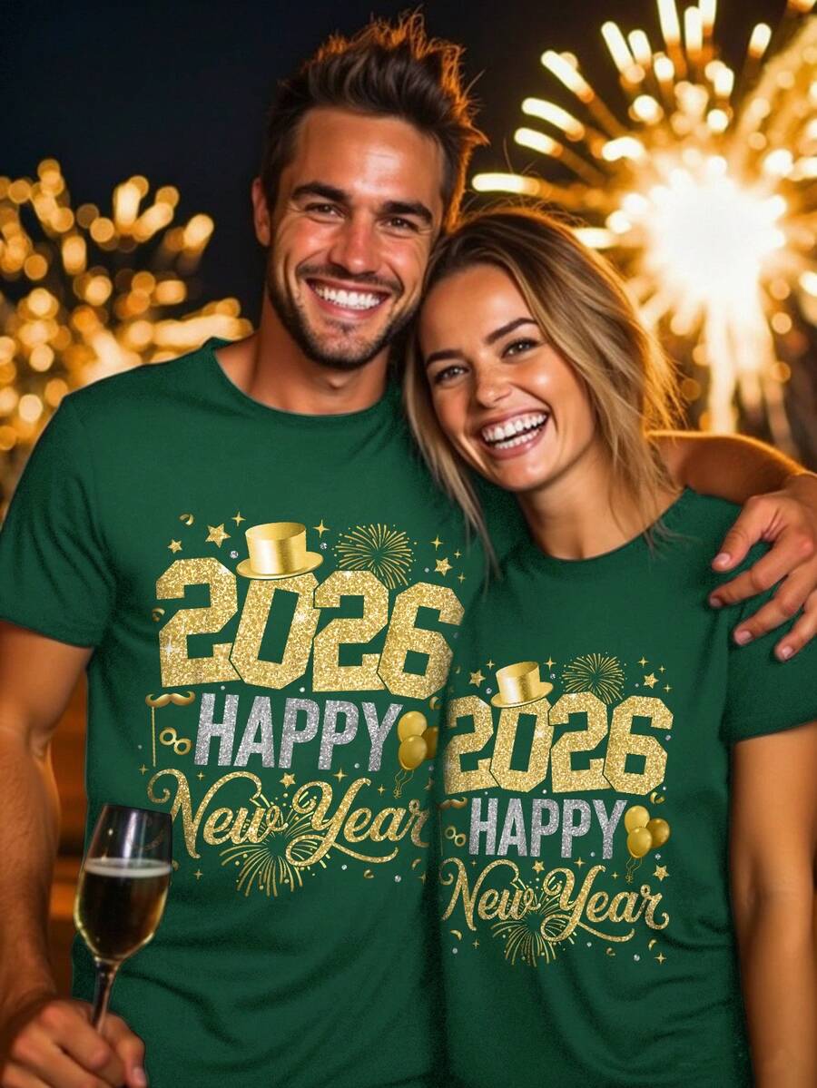 Manfinity Homme 1件男士休闲、日常、通勤、聚会、节日2026新年图案短袖T恤，男女通用 - 墨綠色 - 查看 1