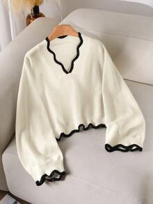 CosyJoli 大码优雅简约休闲波浪针织拼色套头衫女士白色上衣短款毛衣V领毛衣美观上衣时尚上衣