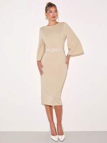 COSMINA Women's Elegant Mid-Length Sleeve Waist Cinched Mid-Calf Dress, Versatile For Work And Commute, All Season,  Classy Dresses For Women Elegant Classic,  Dress For Ladies Special Occasion,  Womens Dress Formal Wear,  Dresses With Sleeve , Best Selling Dresses - Apricot - View 5