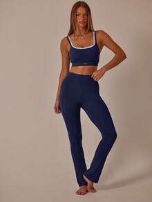 Aralina Double Strap Cut Out Crop Top And High Waist Leggings Stretchy Workout Sets Women - Navy Blue - View 4