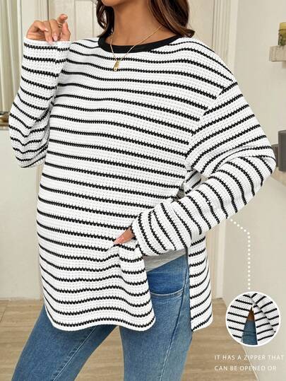 SHEIN Maternity Drop Shoulder Striped Nursing Pullover With Side Slit, Casual Everyday Wear Pregnant Clothes Pregnant Outfits Pregnancy Shirts Maternity Sets Women Sweater,Maternity Clothes