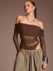 Body de malla transparente con hombros descubiertos para mujer - Marrón - Ver 1