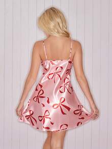 Valentines Day Bow Tie Nightgown, Sweet & Cute Satin Bow Tie Camisole Nightgown, Girly Pink Valentines Day Nightgown, INS Bow Tie Nightgown For Women Satin Dress Sexy Nightgown Pink Nightgown Lingerie Dress Satin Nightgown - Multicolor - View 2