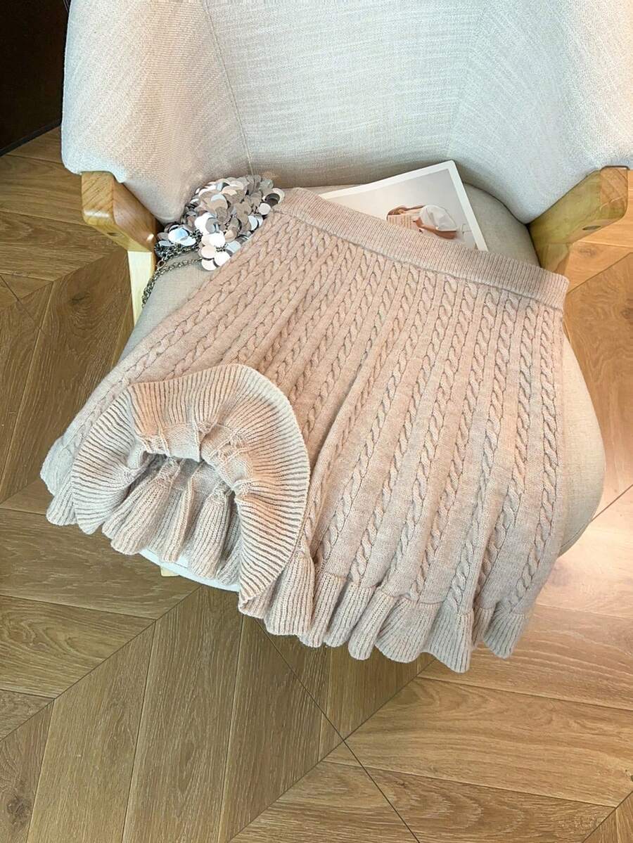 GlowEve CURVE Women's Autumn New Solid Color Rope Floral Pattern Classic Design Casual Girly Everyday Versatile Loose Hem Knit Sweater Skirt - Apricot - View 1