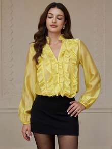 Revavyn Women's V-Neck Layered Ruffle Trim Loose Sheer Luster Long Sleeve Blouse - Yellow - View 3
