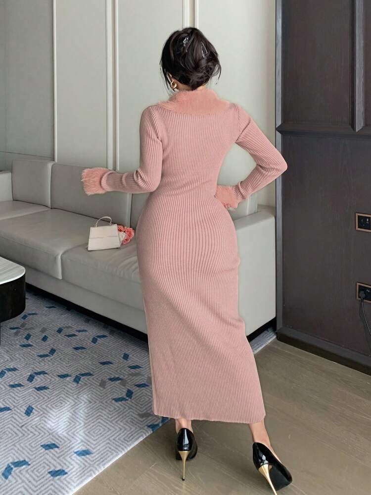 Women's Elegant Color Block Fringe Hem Slit Knit Sweater Dress, Autumn/Winter