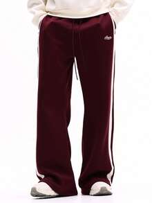 SUMWON Casual Flared Fit Sweatpants With Side Stripes And Script Embroidery Drawstring Waist Fleece Lined Winter Comfort Pants For Daily Loungewear Plain - Red Violet - View 3