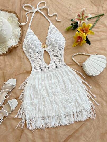 Soleia Vestido de suéter ajustado con cuello en V, halter y espalda descubierta, talla grande, estilo bohemio, para vacaciones