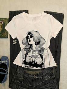 INAWLY Women's Casual Cartoon Print Round Neck Short Sleeve T-Shirt, Versatile For Daily Commute And Outings - Multicolor - View 1