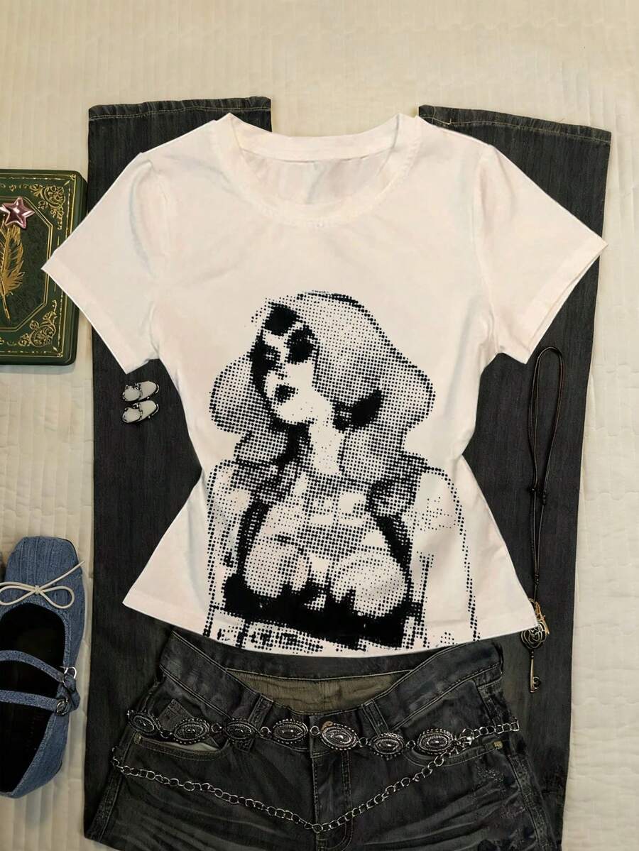 INAWLY Women's Casual Cartoon Print Round Neck Short Sleeve T-Shirt, Versatile For Daily Commute And Outings - Multicolor - View 1