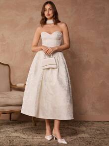 Enchnt 女士法式纹理抹胸系带连衣裙 - 白色 - 查看 6