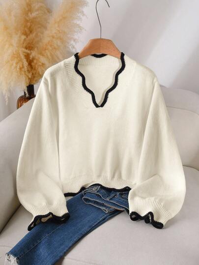 CosyJoli Plus Size Elegant Minimalist Casual Wavy Knit Color Block Pullover Sweater For Women White Tops For Women Cropped Sweater V-Neck Sweater Aesthetic Tops Fashionable Tops/Winter