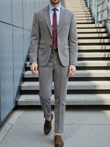 Manfinity Bizformal Chaqueta de traje de un solo botón y pantalones de unicolor con solapa para hombre, conjunto de negocios - Gris - Ver 8