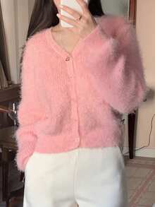 DAZY Soft & Cozy V-Neck Cardigan Sweater Jacket, Autumn/Winter For Women - Pink - View 9