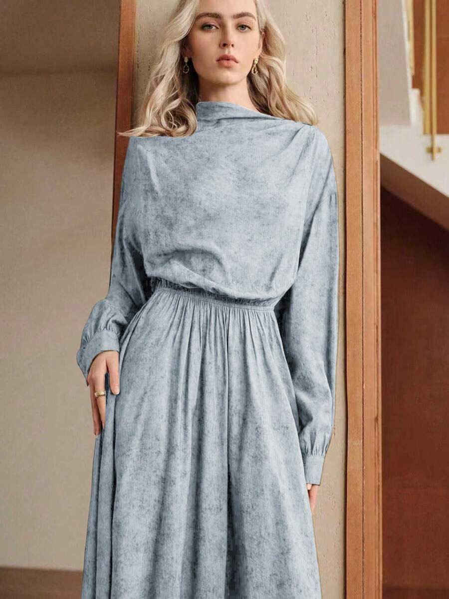 Uhlyne Uhlyne Váy xòe tay dài cổ cao, viền bất đối xứng, màu nâu, phong cách tối giản, thường ngày, đi làm, đi chơi, trở lại trường cho nữ mùa thu - Màu xanh bụi bặm - Xem 1