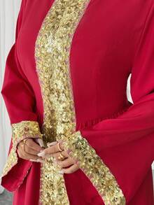 Elenzga 女士优雅梭织面料酒红色花卉蕾丝串珠装饰长袖连衣裙，春秋季 - 紅色 - 查看 5