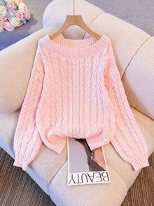 Franclia 女士休闲露肩长袖针织套头毛衣，秋冬季 - 粉色 - 查看 6