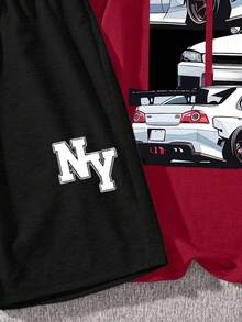 2pcs Tween Boys Casual Car Graphic Round Neck Short Sleeve T-Shirt And Shorts Set, Suitable For Summer - Burgundy - View 4