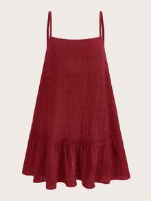 SHEIN EZwear 大码女式纯色荷叶边下摆休闲吊带裙 - 酒紅色 - 查看 1