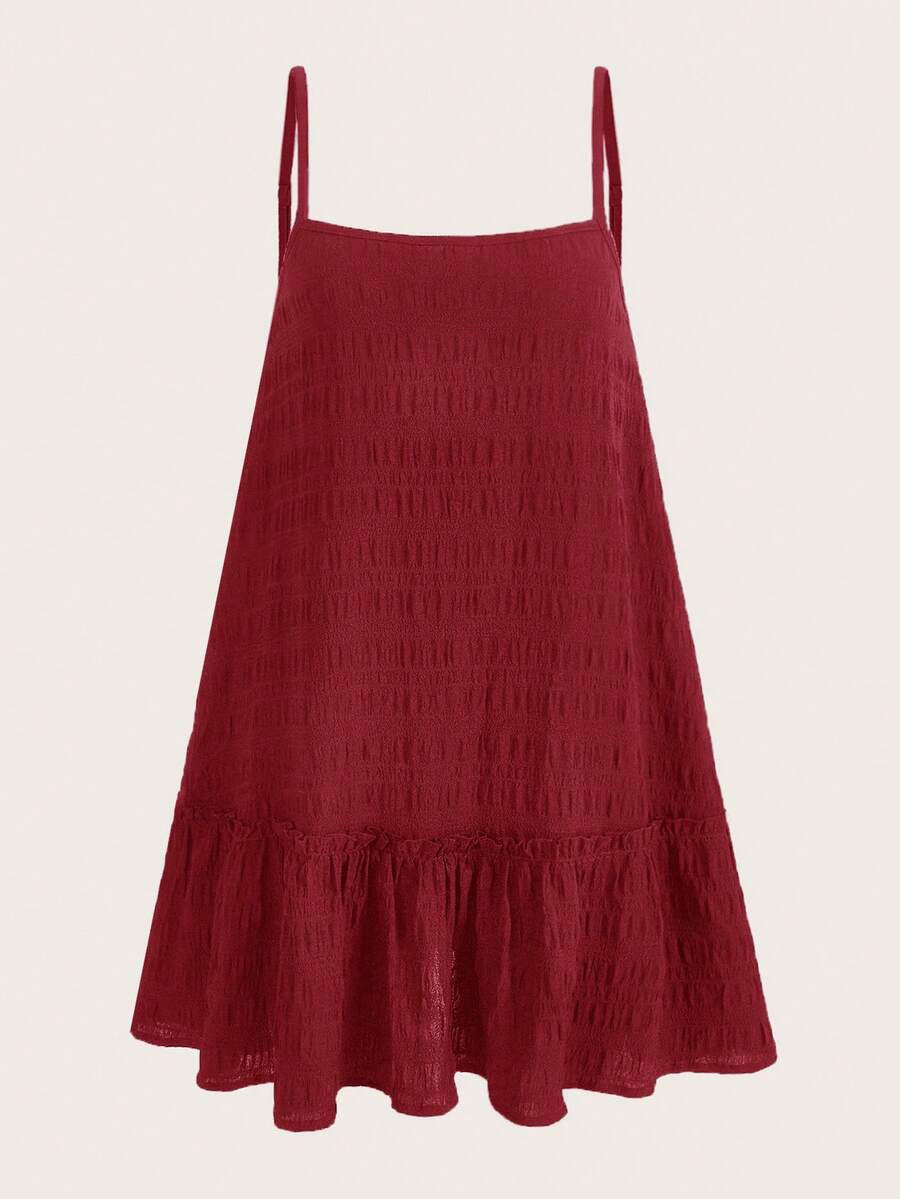 SHEIN EZwear 大码女式纯色荷叶边下摆休闲吊带裙 - 酒紅色 - 查看 1