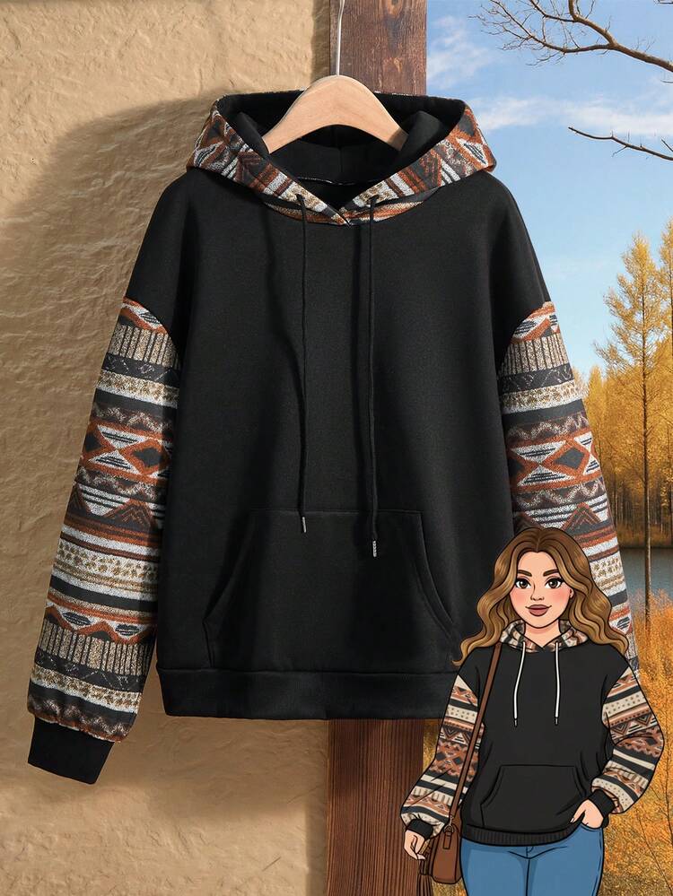 Damen Große Größen Geometrisches Muster Thermisch gefütterter Pullover mit Raglanärmeln, Lässig Kapuzenpullover mit Kordelzug für Herbst und Winter, Schwarz gemusterter Ärmel Sweatshirt, Gemütlicher Landhausstil für Herbst und Winter