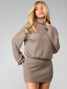 MISSGUIDED Luźna, gruba dzianinowa sukienka mini z golfem, długi rękaw, prążkowana sukienka sweterkowa, zimowa, jesienna, wygodna - Kolor khaki - Zobacz 1