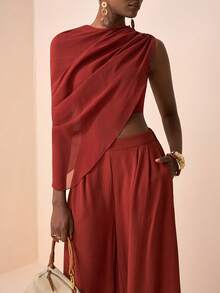 Zivah 新款春夏优雅宽松棕色薄纱单面披肩+高腰阔腿裤女式两件套，适合情人节、约会、派对、聚会、节日、度假、休闲风、海滩、海边、音乐会、日常出行、新年、狂欢、早午餐、婚礼宾客、婚礼季、休闲A - 棕色 - 查看 5