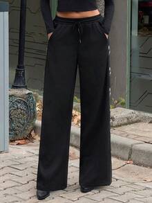 SHEIN TRNDY Autumn/Winter Casual Elastic Waist Side Grommet Design Straight Leg Sweatpants - Black - View 7