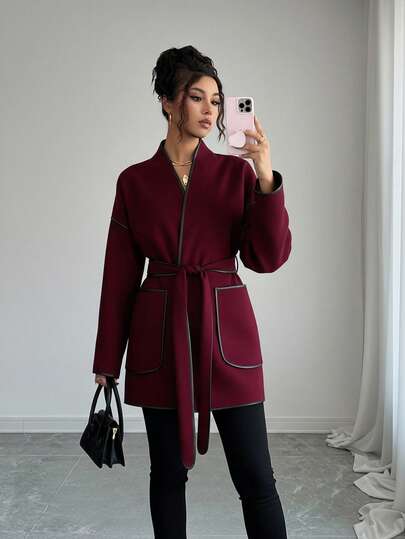 CLARA VERO Kimono Style Belted Coat With Contrast Piping Effortless Street Look For Chill Days Fashionable And Warm Vibes