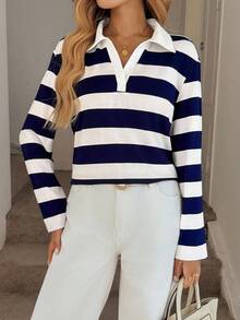 SHEIN LUNE ملابس علوية كاجوال مخططة بياقة بولو مقاسات كبيرة للنساء، بطراز بحري، قصة فضفاضة للتنقل، ملابس علوية مخططة بطراز بحري أنيق للنساء في فصل الخريف/الشتاء، ملابس علوية مخططة باللونين الأزرق والأبيض بطراز بحري أنيق للنساء، ملابس علوية بأكمام طويلة مخططة بطراز بحري أنيق للنساء - ازرق وابيض - مشاهدة 5