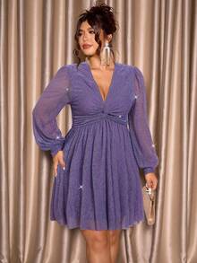 Cravure Đầm dự tiệc tay đèn lồng thiết kế xoắn cổ chữ V cỡ lớn cho nữ - Màu tím - Xem 4