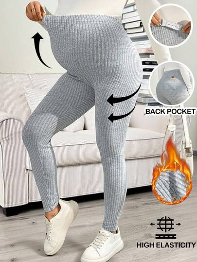 Boho Mama 孕妇纯色可调节腰围罗纹休闲打底裤