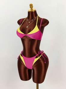 Amplova Bộ bikini nữ 2 trong 1, màu hồng cánh sen và vàng phối hợp, gợi cảm và thời trang, thích hợp cho kỳ nghỉ biển. - Nhiều màu - Xem 4