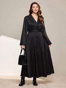 Momelise Plus Size Women Solid Color Lapel NeckRoll-Up Sleeve Single-Breasted Elegant Dress - Black - View 4