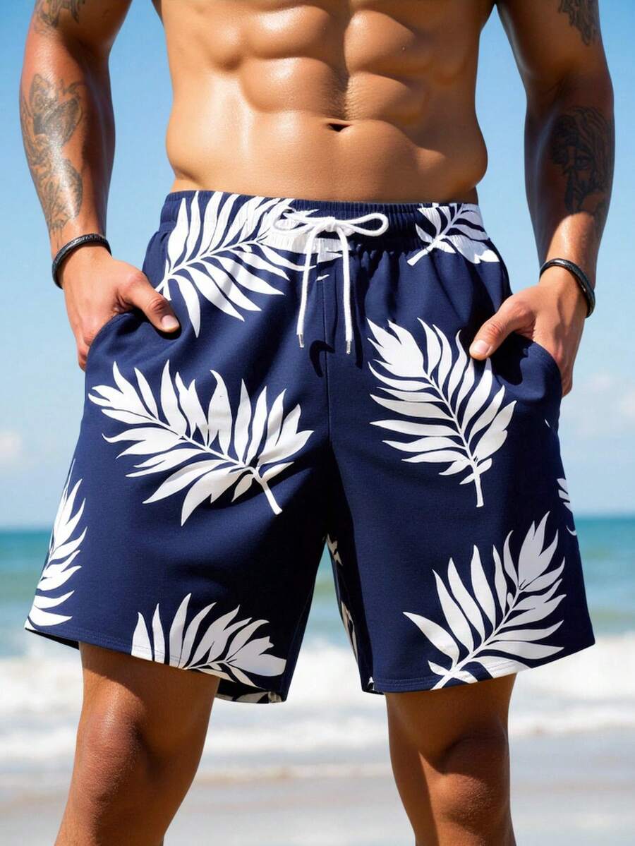 Manfinity VDAYZ Men's Drawstring Waist Plant Print Casual Beach Shorts - White - View 1
