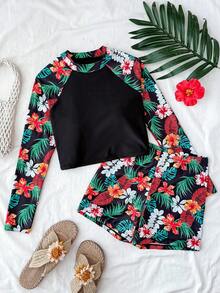 SHEIN Conjunto de traje de baño de manga larga casual de cuello redondo y manga raglán para adolescentes, ideal para el verano y la playa - Verde - Ver 7