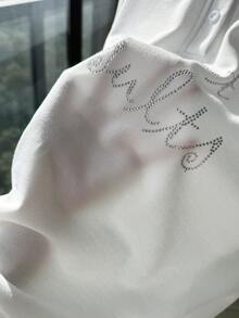 Resyla 2pcs Women Casual Striped Collar Rhinestone Embellished Top & Shorts Set - White - View 3