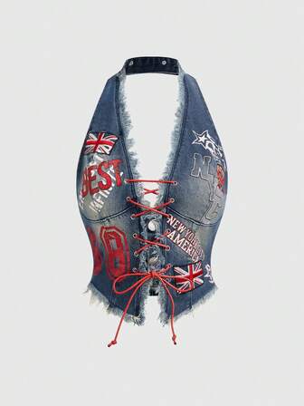 ROMWE Avant Damen Retro Motorrad Stil Rückkehr zur Schule Collegelook Nummer & Englisch Text Britische Flagge Muster ärmelloses Jeans Crop Top