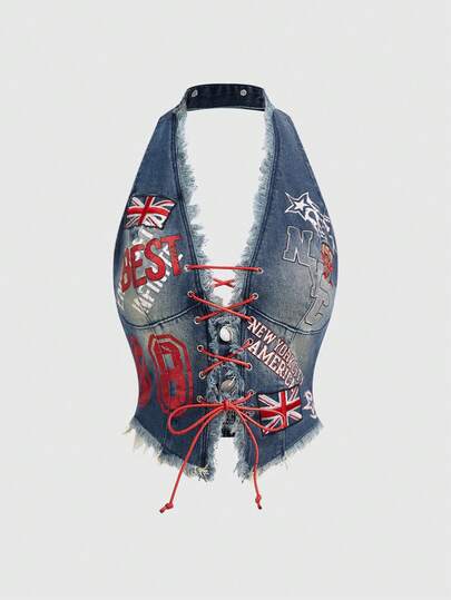 ROMWE Avant Women's Retro Motorcycle Style Back To School Collegiate Numeric & English Text British Flag Print Sleeveless Denim Crop Top