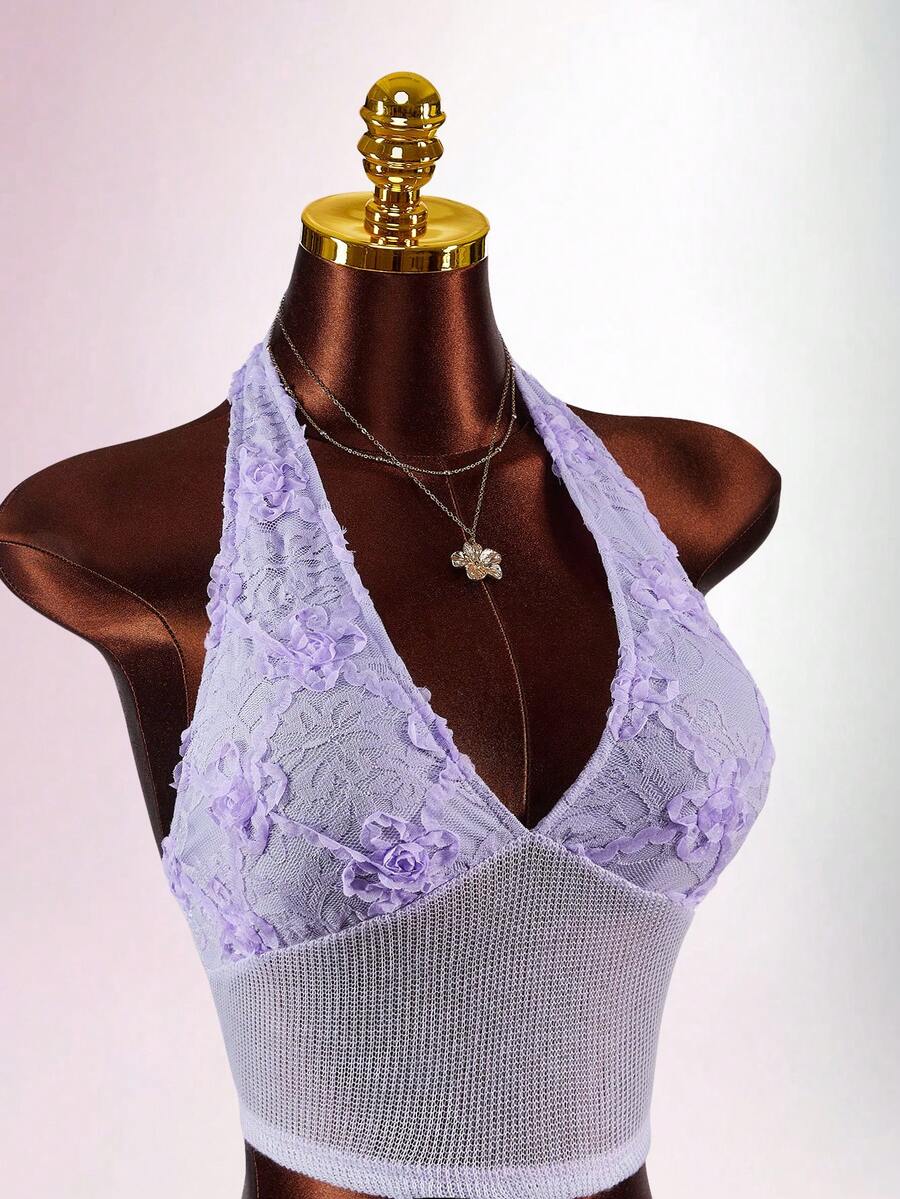 Amplova Conjunto de 2 piezas de camiseta halter sin espalda y minifalda sexy y de moda para mujer - Rosa - Ver 1