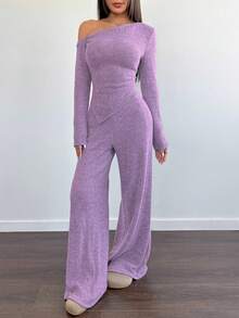 Flirla 女士不对称肩部加绒T恤+阔腿低腰裤两件套，冬季休闲家居服 - 紫丁香色 - 查看 5