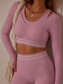 Aralina 休闲无缝双色罗纹长袖褶皱双层背心上衣和紧身裤两件套，适合运动健身锻炼。 - 粉色 - 查看 10