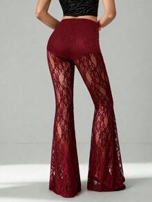 SHEIN Tall 女士夏季俱乐部性感乡村音乐会Y2K黑色蕾丝小号喇叭酒红色下装，派对女士服装 - 酒紅色 - 查看 2