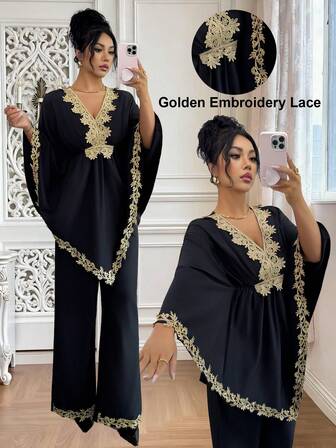 Rafferiza Dam V-ringad enfärgad guldtråd broderad spets böljande topp, i kombination med vida byxor, elegant och graciös 2-delat set, lämplig för vinterkläder, höst/vinter, nyår, thanksgiving, fest, bröllop, casual, lyx, nyårsfest, nyårsutflykter, examen, pendling, företag, kontor, vardagscasual, mångsidig, snygg urban, lärare, muslimska kläder