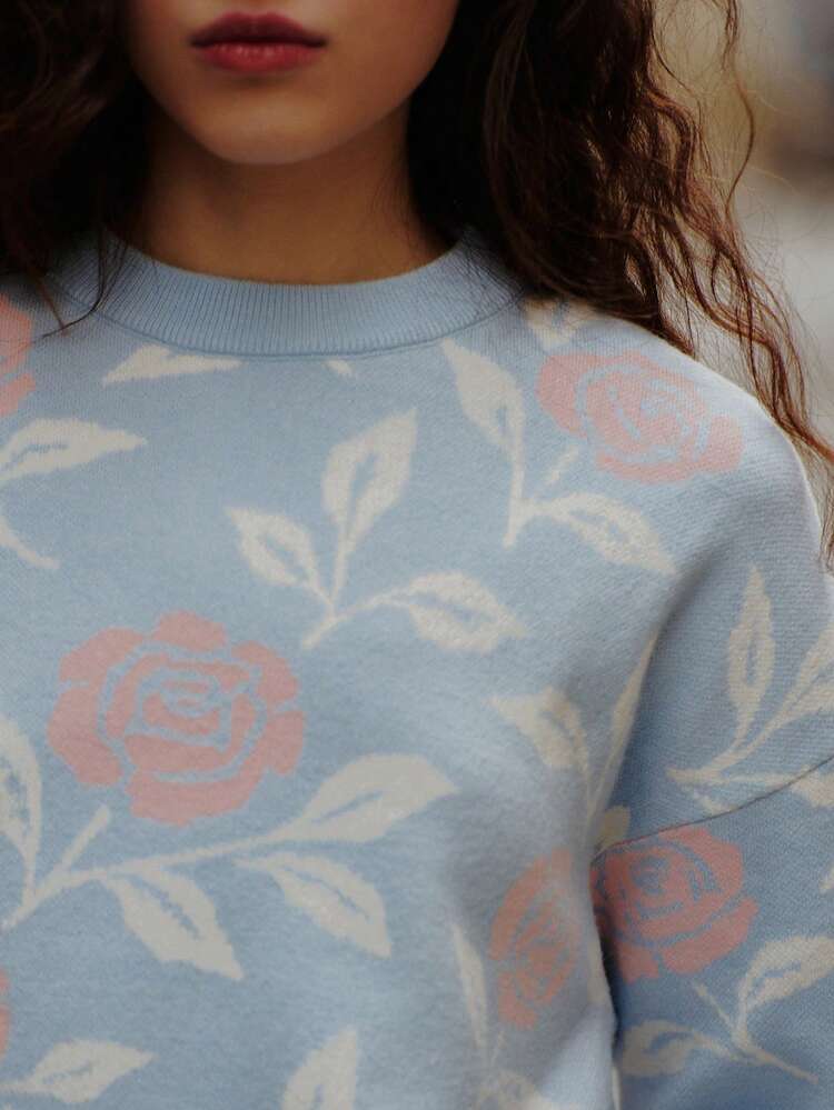 Light Blue Floral Knit Jumper With Soft Pastel Rose Pattern Cosy Cute Spring  Top Floral Sweater French Style Parisian Style